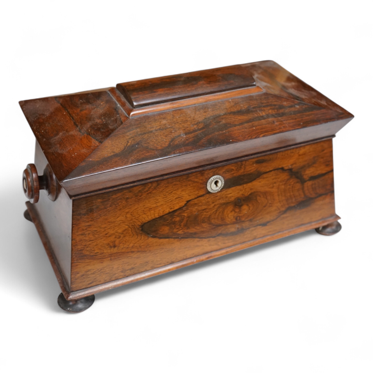 An early 19th century rosewood sarcophagus tea caddy, 39cm wide